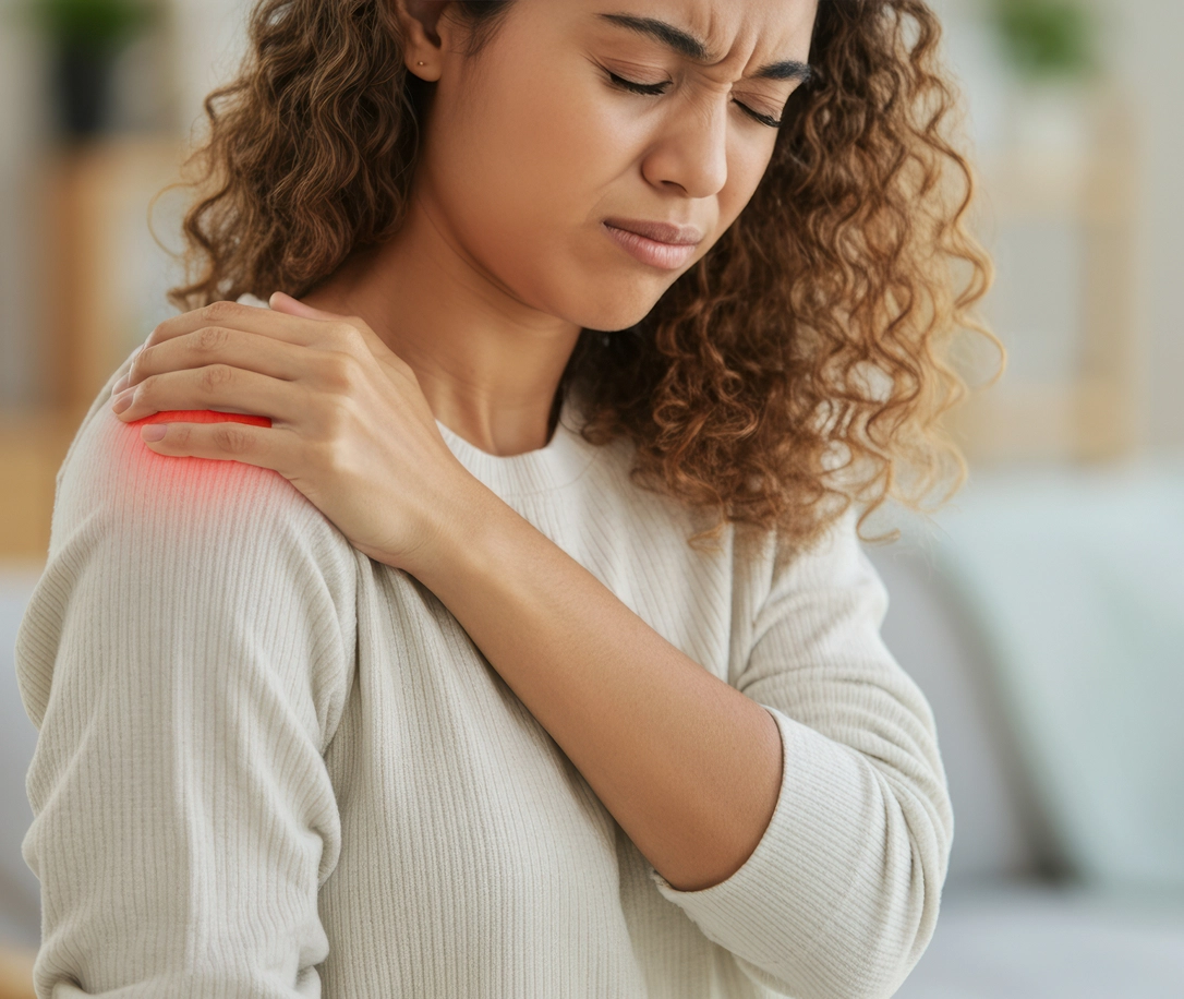 Young woman holding her shoulder in pain